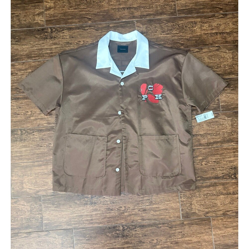PacSun Brown Satin Camp Collar Shirt with Floral PCH Embroidery - L